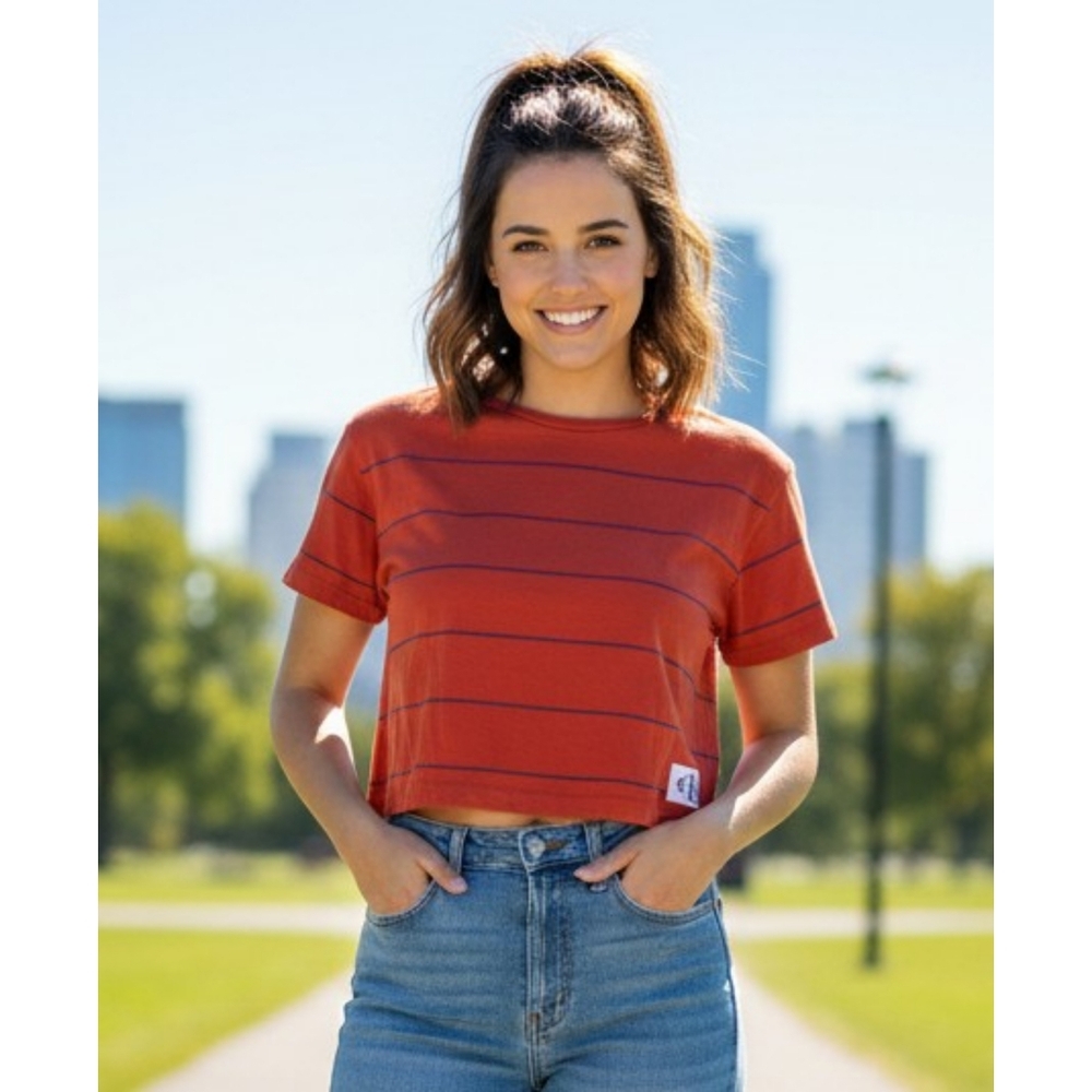 Calvin Klein Jeans Striped Crop Tee Dark Orange & Navy Size S